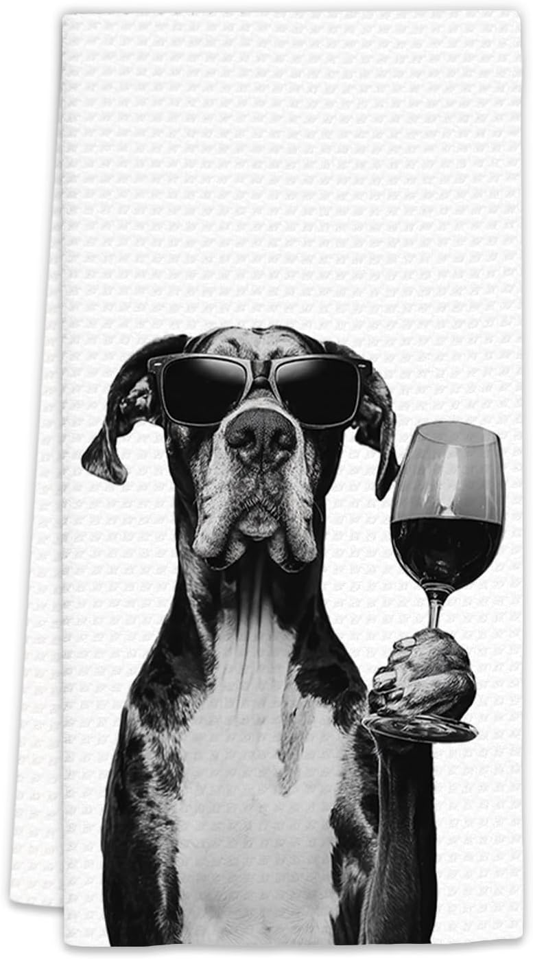 FIicy Great Dane Gifts Wine Kitchen Towels, Gifts for Great Dane Dog Wine Lovers Decorative Hand Dish Tea Towel for Kitchen Home Bar, Funny GreatDane Dog Owners Home Bar Decor(16x24In) - Image 1